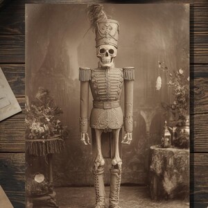 Vintage Victorian Creepy Skeleton Nutcracker Christmas Card Gothic Holiday Art Antique Style Photography Blank Inside