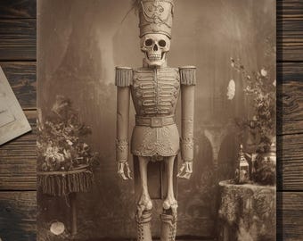 Vintage Victorian Creepy Skeleton Nutcracker Christmas Card Gothic Holiday Art Antique Style Photography Blank Inside