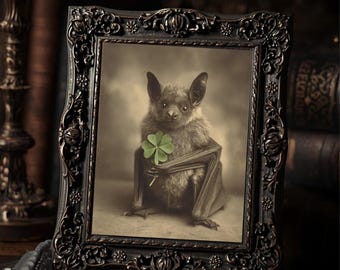 Bat Holding Clover Victorian Style Cute Brown Bat St Patrick's Day Gothic Wall Print