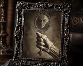 Vintage Victorian Vampire Mirror Gothic Halloween Creepy Reflection Wall Art Print