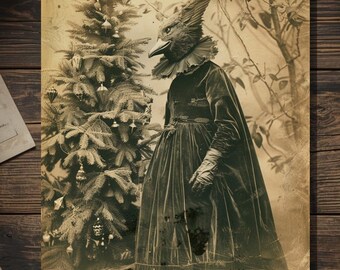 Vintage Victorian Raven Head Lady Christmas Tree Card Gothic Holiday Art Antique Style Photography Blank Inside