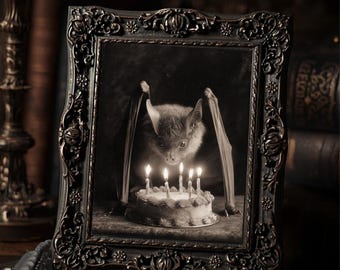 Vintage Victorian Bat with Birthday Cake Candles Gothic Antique Style Photo Art Print
