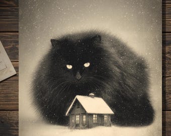 Vintage Victorian Icelandic Yule Cat Giant Black Cat Snowy Winter Folk Legend Gothic Art Card Antique Style Photography Blank Inside