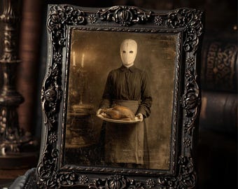 Vintage Gothic Harvest Ritual Print Victorian Style Masked Figure with Turkey  Wall Art