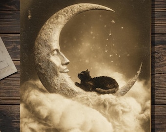 Vintage Victorian Moon And Black Cat Dreamy Surreal Night Sky Gothic Witchy Art Card Antique Style Photography Blank Inside