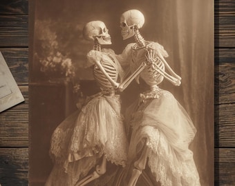 Vintage Victorian Lesbian Skeleton Brides Dancing Wedding Love Anniversary Card Gothic Macabre Art Antique Style Photography Blank Inside