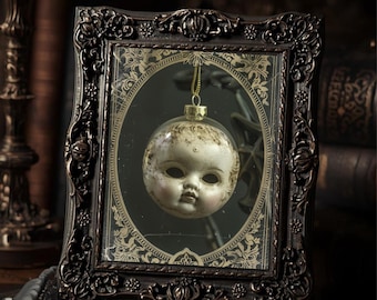 Creepy Doll Head Ornament Christmas Print  Gothic Holiday Wall Art Macabre Antique Style Photograph