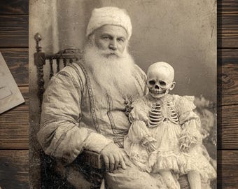 Vintage Victorian Santa with Skeleton Girl Christmas Card Gothic Holiday Art Antique Style Photography Blank Inside