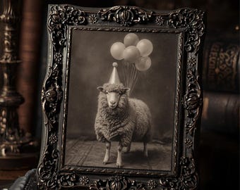 Vintage Victorian Sheep Birthday Wall Print Antique Farm Animal With Balloons