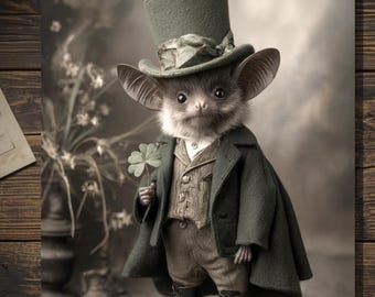Vintage Victorian Leprechaun Bat Card Gothic St Patricks Day Art Antique Style Greeting Blank Inside