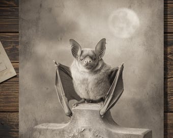 Vintage Victorian Graveyard Bat Halloween Card Gothic Antique Style Photography Blank Inside