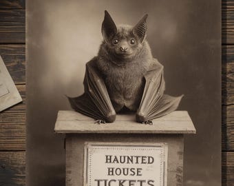 Vintage Victorian Bat Haunted House Ticket Booth Halloween Card Gothic Antique Style Photography Blank Inside
