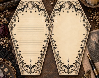 Coffin Shaped Stationery Gothic Bat Moon Halloween Writing Paper Lined or Unlined Victorian Letter Set