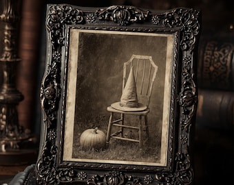 Witch Hat On Chair Gothic Halloween Wall Art Print  Sepia Vintage Creepy Still Life Photograph Spooky Witch Decor
