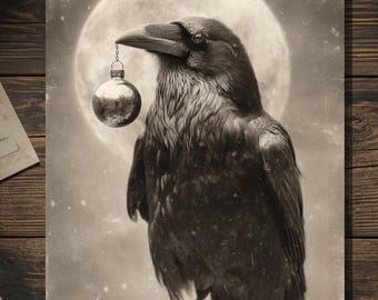 Vintage Victorian Raven with Christmas Ornament Card Gothic Holiday Art Antique Style Photography Blank Inside