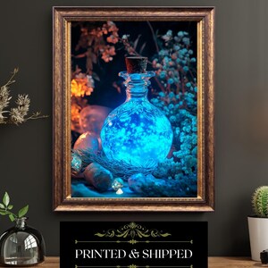 Glowing Blue Potion Bottle Art Print Pagan Witch Wall Decor Fantasy Magic Elixir Mystical Apothecary Artwork