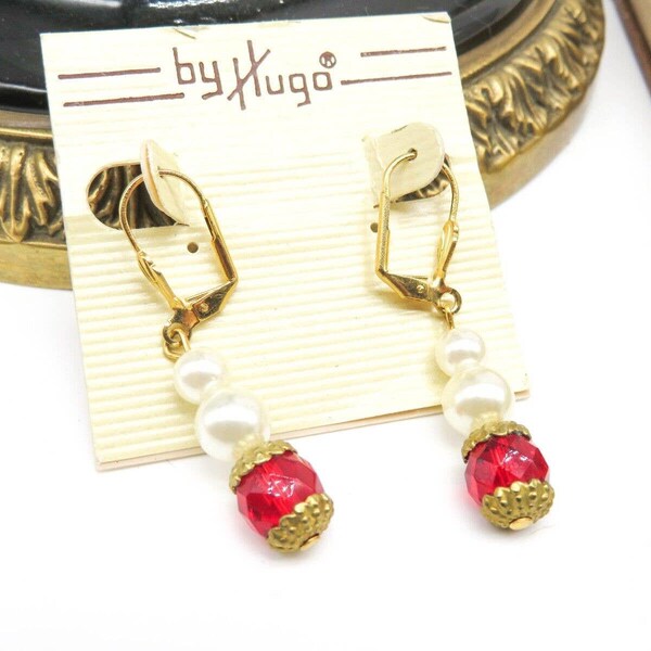 Retro By Hugo Red Crystal White Faux Pearl Gold Tone Dangle Earrings HH28