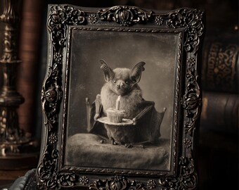 Gothic Birthday Bat With Cupcake Dark Cute  Art Print Sepia Vintage Macabre Funny Wall Decor