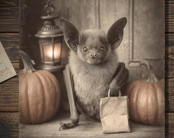 Vintage Victorian Trick or Treat Bat Halloween Card Gothic Antique Style Photography Blank Inside