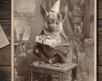 Vintage Victorian Bat Birthday Card Antique Style Photo Gothic Gift Blank Inside