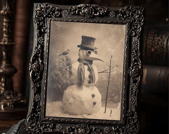 Plague Doctor Snowman  Art Print Gothic Christmas Creepy Winter Wall Art Sepia Vintage Spooky Holiday Photography