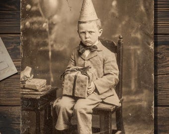 Vintage Victorian Unimpressed Birthday Boy with Gift Card Gothic Macabre Art Antique Style Photography Blank Inside