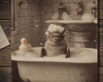 Bat Taking A Bubble Bath Victorian Cabinet Card Style Cute Brown Bat Gothic Funny Greeting Card