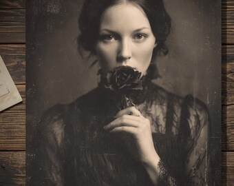Gothic Woman With Black Rose Greeting Card Dark Romantic Vintage Style Blank Inside Antique Look