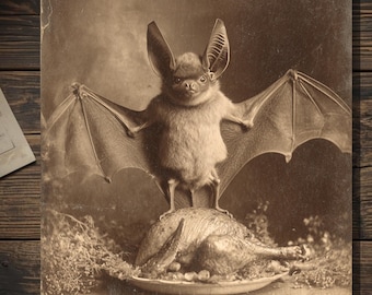 Vintage Gothic Thanksgiving Bat Card Victorian Style Dark Humor Blank Inside