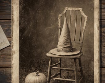 Witch Hat On Chair Gothic Halloween Greeting Card Vintage Sepia Creepy Still Life Photograph Spooky Witch Stationery Blank Inside