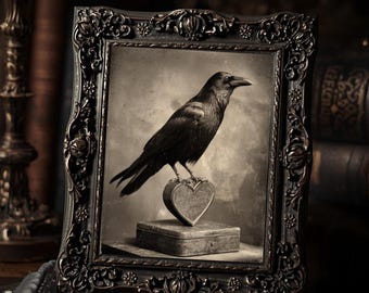Gothic Raven With Heart Dark Valentine Antique Style Crow Art Print  Macabre Romantic Wall Decor