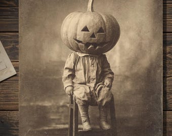 Vintage Pumpkin Head Child Halloween Card Antique Jack O Lantern Kid Gothic Greeting Card