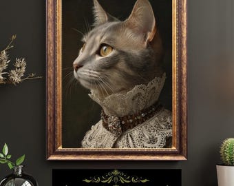Victorian Lady Cat Portrait Elegant Feline Art Vintage Anthropomorphic Fine Art Oil Style Print