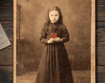 Vintage Victorian Mourning Girl Holding Red Heart Valentine Card Gothic Macabre Antique Photography Blank Inside