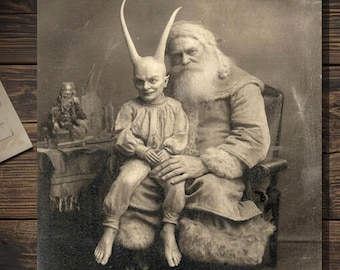 Vintage Victorian Demon on Santa’s Lap Christmas Card Gothic Holiday Art Antique Style Photography Blank Inside