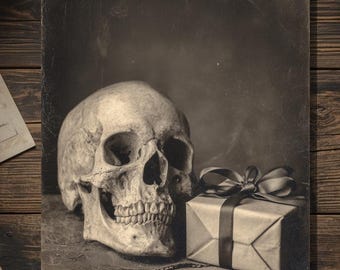 Vintage Victorian Skull with Black Ribbon Gift Birthday Card Gothic Macabre Art Antique Style Photography Blank Inside