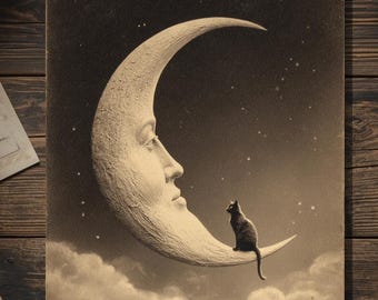 Vintage Victorian Crescent Moon And Black Cat Surreal Night Sky Gothic Witchy Art Card Antique Style Photography Blank Inside