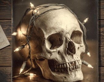 Gothic Vintage Skull Christmas Lights Card Victorian Style Photo Blank Inside