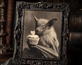 Gothic Bat Close Up With Cupcake Dark Cute Valentine  Art Print Sepia Vintage Macabre Romantic Wall Decor