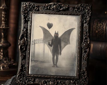 Vintage Victorian Mothman Valentine Gothic Cryptid Heart Balloon Black and White Antique Style Wall Art  Print