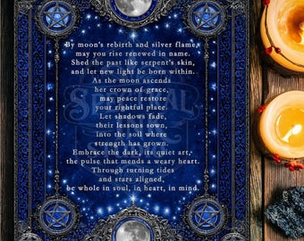 Renewal Blessing Pagan Wiccan Moon Prayer Blue Silver Pentacle Wall Art New Beginnings Spell Poem Print 8x10 or 4x5