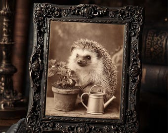 Victorian Hedgehog Gardening Gothic Animal Art Print Whimsical Nature Wall Decor
