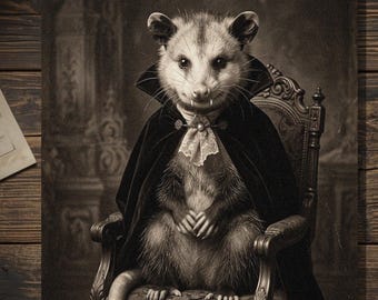 Vintage Victorian Vampire Opossum Halloween Card Gothic Animal Antique Style Photography Blank Inside