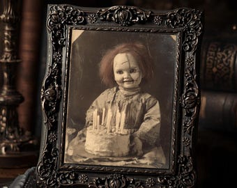 Vintage Victorian Creepy Doll With Birthday Cake Gothic Dark Horror  Art Print Antique Style Macabre Wall Decor