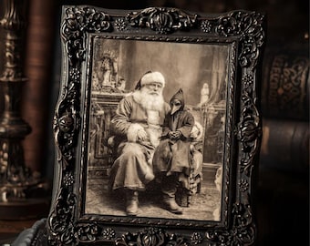 Creepy Plague Doctor Child With Santa Christmas Print  Gothic Holiday Wall Art Weird Macabre Antique Style Photograph