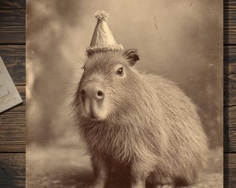 Victorian Capybara Wearing Party Hat Funny Birthday Greeting Card Gothic Animal Humor