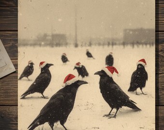 Vintage Crows In Santa Hats Winter Christmas Card Victorian Style Crows Photo Blank Inside