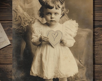 Victorian Demon Child with Heart Thinking of You Card Gothic Cabinet Card Macabre Sepia Blank Inside