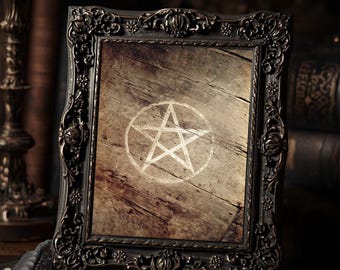 Pentacle On Wood Gothic Wall Art Print  Sepia Pagan Witchcraft Symbol Rustic Occult Decor