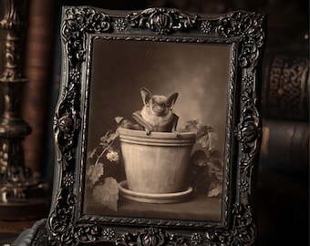 Victorian Bat Peeking From Flower Pot Art Print Antique Style Sepia Bat Portrait Gothic Print